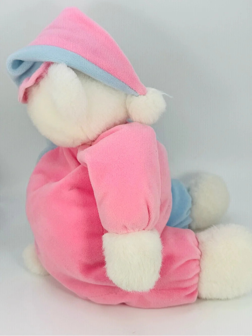 Vintage Teddy Bear Plush White Baby Pink Blue Hat Prestige Toy No Collar 12”